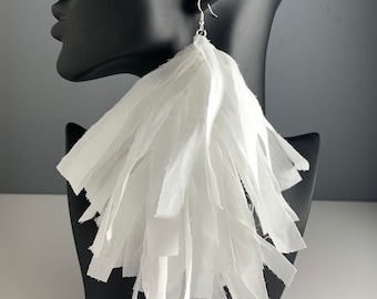 White Fringe Frayed Tassel Earrings, White Bandana Earrings, White Earrings, Tassel Earrings, White Fabric Earrings