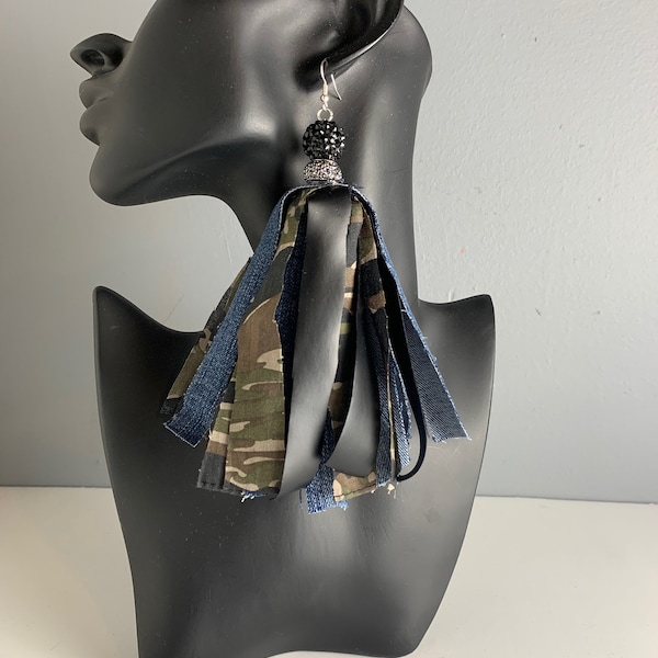 Tiger Stripe Camo, Denim, and Black Faux Leather Earrings, Denim Earrings, Fabric Earrings, Tassel Earrings, Fringe Frayed Earrings