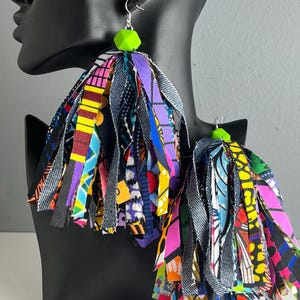 Colorful Multi Fabric and Denim Tassel Earrings: Handmade Frayed Dangle Earrings