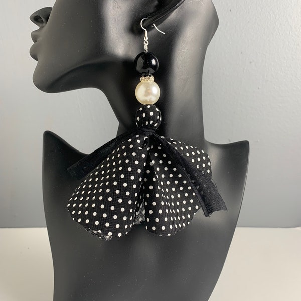 Black and White Polka Dot Cloth Earrings, Black and White Earrings, Fabric Earrings, Tassel Earrings