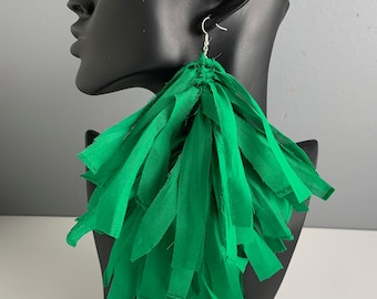 Green Fringe Frayed Tassel Earrings, Boho Earrings, Hippie Earrings, Shabby Chic Earrings, Fabric Earrings, Tassel Earrings, Bohemian