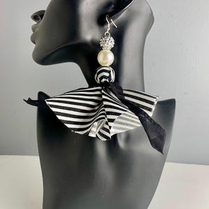 Black and White Cloth Earrings, Striped Earrings, Fabric Earrings, Tassel Earrings, Black and White Earrings