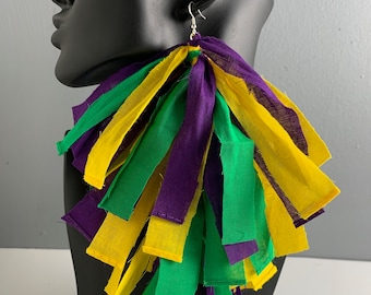 Mardi Gras Earrings, Purple, Green, and Gold Fringe Frayed Tassel Earrings, Hippie Earrings, Fabric Earrings, Tassel Earrings