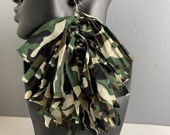 Camouflage Fringe Dangle Earrings: Camo Cloth Tassels