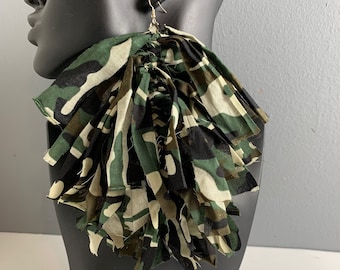 Camouflage Fringe Frayed Bandana Earrings, Camo Earrings, Tassel Earrings, Cloth Earrings, Green Earrings, Dangle Earrings