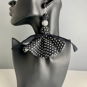 Black and White Polka Dot Cloth Earrings, Black and White Earrings, Fabric Earrings, Tassel Earrings