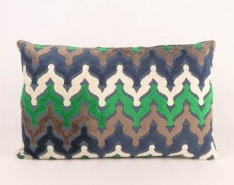 Velvet Chevron Pattern Accent  Pillow Cover 13 x 20 Emerald Green Lumbar Throw Pillow with Duck Down and Feather Fill