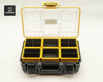 May include: A black and yellow plastic storage box with a clear lid. The box has six compartments with dividers. The box is open and the lid is propped up.
