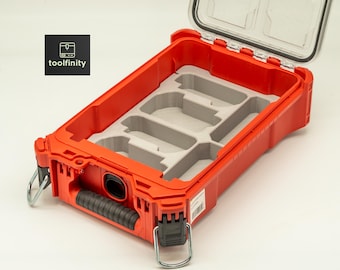 May include: Open red toolbox with a clear lid, featuring a gray interior organizer. The toolbox has a black handle and metal latches. The logo "toolfinity" is in the upper left corner.