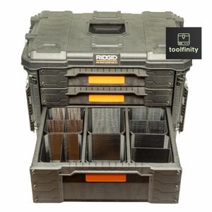 May include: A black and orange RIDGID tool box with three drawers. The top drawer is closed, the middle drawer is open, and the bottom drawer is open and has dividers.