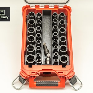 May include: A red plastic carrying case containing a set of black metal impact sockets and two adapters arranged in a foam insert. The case features a handle and metal latches. The logo for toolfinity is visible in the upper left corner.