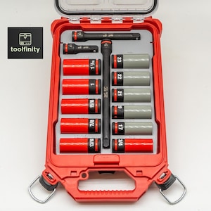May include: A red tool case with a clear lid, containing a set of impact sockets and extensions. The sockets are red and gray, with sizes in inches. The case has a handle and metal latches.