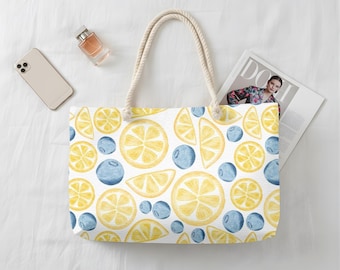 Sac week-end citron, motif myrtille, Cabas agrumes, été, plage, grand sac