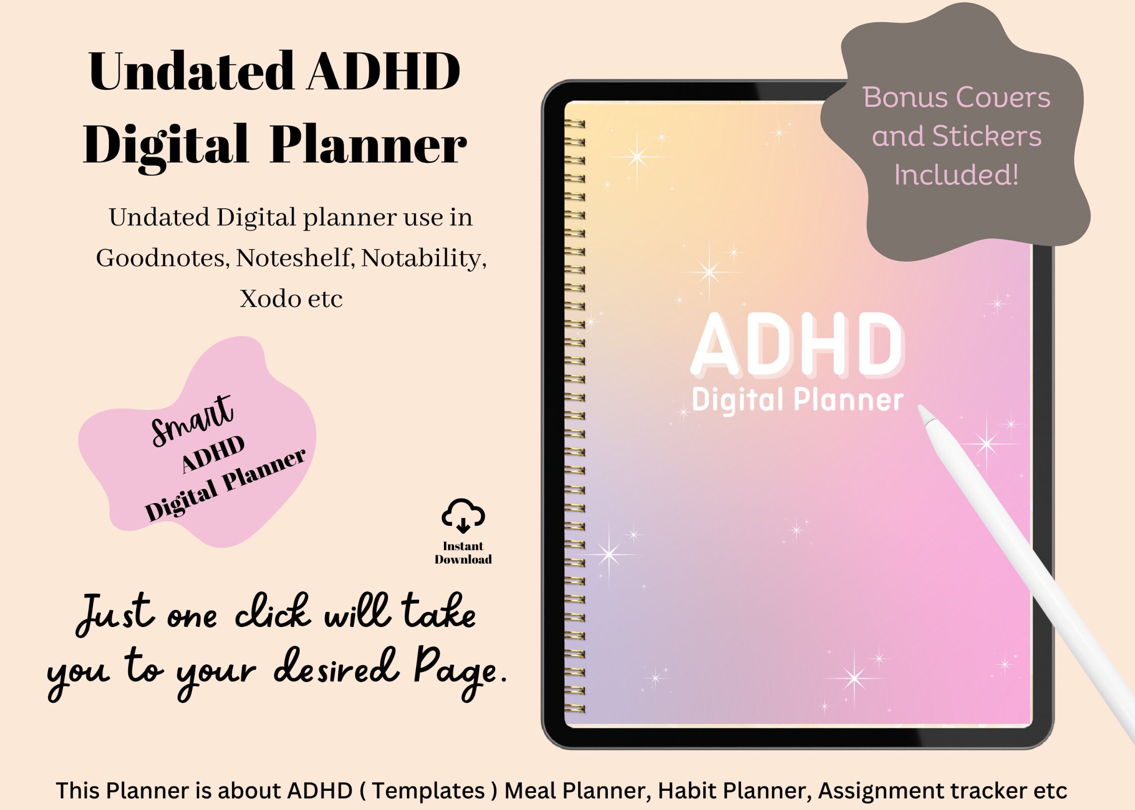 Undated Digital ADHD Planner Template Goodnotes, Adhd Workbook