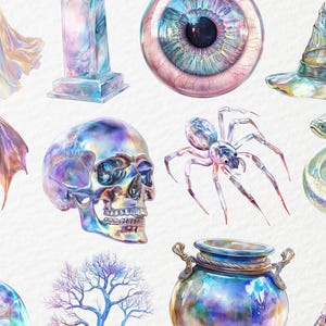 Pu&ograve; includere: Illustrazioni ad acquerello di vari oggetti a tema Halloween. L'immagine include un teschio, un ragno, un serpente, un pipistrello, un gatto, un cappello da strega e un vaso di pozioni. Gli oggetti sono resi in colori iridescenti.