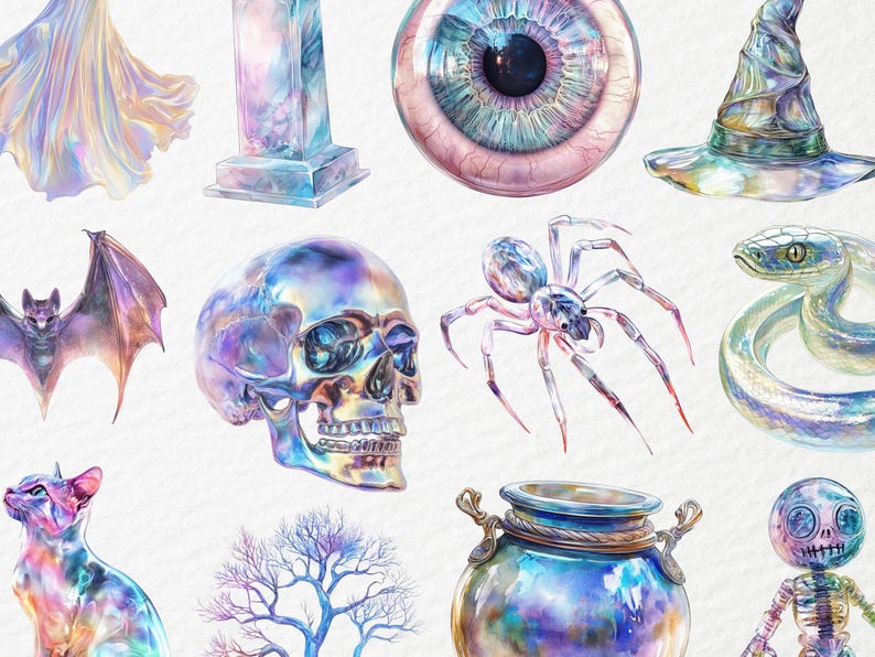Pu&ograve; includere: Illustrazioni ad acquerello di vari oggetti a tema Halloween. L'immagine include un teschio, un ragno, un serpente, un pipistrello, un gatto, un cappello da strega e un vaso di pozioni. Gli oggetti sono resi in colori iridescenti.