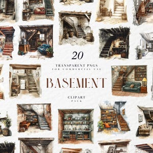 May include: A set of 20 watercolor illustrations of basement interiors, featuring staircases, brick walls, and wooden beams. The illustrations are in a vintage style and are perfect for adding a touch of rustic charm to your designs.