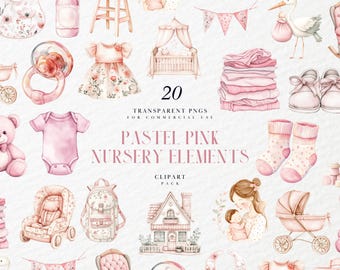 Watercolor Pastel Pink Nursery Clipart, Boho Baby Girl Decor, Wooden Toy, Teddy, Rocking horse, Transparent PNG Graphics, Commercial Use
