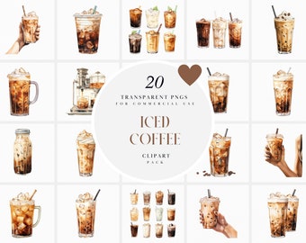 Watercolor Iced Coffee Clipart, Creamy Milk Ice Coffee Clipart, Sweet Iced Coffee Clipart, Instant Download PNG format for Commercial Use