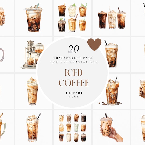 Watercolor Iced Coffee Clipart, Creamy Milk Ice Coffee Clipart, Sweet Iced Coffee Clipart, Instant Download PNG format for Commercial Use