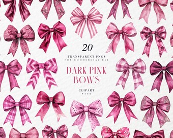 Watercolor Dark Pink Bows Clipart, Coquette Satin Ribbons, Trendy Feminine Aesthetic, Girly Collage, Transparent PNG Graphic, Commercial Use