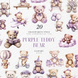 Clipart di orsacchiotto viola ad acquerello, decorazioni lilla per baby shower, illustrazione di peluche vintage, cameretta boho, PNG trasparente, uso commerciale