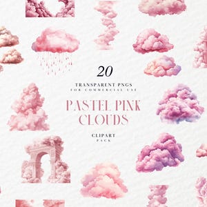Akvarell pastellrosa moln Clipart, babyrosa fluffiga moln, barnrumsdekor, babyshower, första födelsedag, transparent PNG, kommersiellt bruk