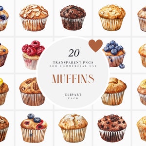 Aquarell Muffin Clipart, frisch gebackene Muffins Clipart, Blaubeere, Schokolade, Banane, Pekannuss, Uni, Rasin, Transparnet PNG, kommerzielle Nutzung