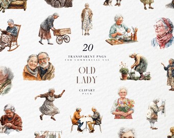 Watercolor Old Lady Clipart, Kind Grandma, Cute Old Woman, Elderly, Senior, Grumpy, Grandmother, Transparent PNG Graphics, Commercial Use