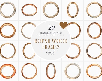 Watercolor Round Wooden Frame Clipart, Brown Oval Wood Frame Clipart, Shabby Wooden Frames Clipart, Transparent PNG, Commercial Use