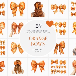 Clipart de laço laranja aquarela, clipart de laços de cabelo laranja, clipart de fita laranja, clipart de embrulho de presente, PNG transparente, uso comercial