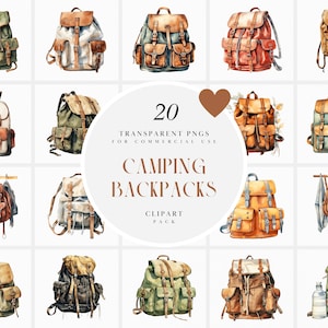 Aquarelle Camping dos Clipart, clipart sac à dos robuste, voyage école sac à dos des cliparts, graphiques PNG transparents, usage Commercial