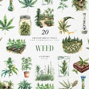 Może przedstawiać: Akwarelowe ilustracje roślin konopi i powiązanych przedmiotów. Obraz zawiera liście konopi, pąki w słoikach, jointa, bongo i brownie. Tekst brzmi "20 Przezroczystych PNG do użytku komercyjnego" i "WEED Clipart Pack."