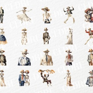 May include: A set of 18 watercolor illustrations featuring skeletons dressed in various outfits, including suits, dresses, and hats. The skeletons are depicted in different poses, such as dancing, holding hands, and swinging on a swing. The illustrations are perfect for adding a touch of whimsy and spooky charm to your projects.