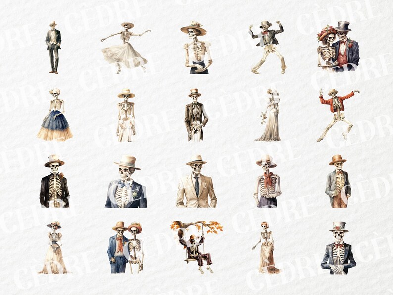 May include: A set of 18 watercolor illustrations featuring skeletons dressed in various outfits, including suits, dresses, and hats. The skeletons are depicted in different poses, such as dancing, holding hands, and swinging on a swing. The illustrations are perfect for adding a touch of whimsy and spooky charm to your projects.