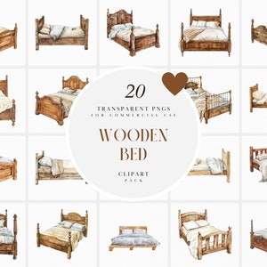 Watercolor Wooden Bed Clipart, Wood Beds Clipart, Cozy Bedroom Furniture, Twin Double Bed, King Queen bed, Transparent PNG, Commercial Use