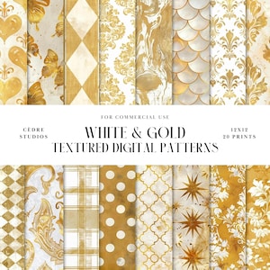 May include: A set of 20 digital patterns in white and gold featuring various textures and designs, including damask, geometric, and floral patterns. The patterns are 12x12 inches and are for commercial use.