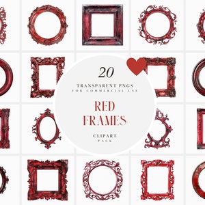 May include: Set of 20 red ornate picture frames with various shapes and sizes. The frames are isolated on a white background.  20 Transparent PNGs for Commercial Use. Red Frames Clipart Pack.