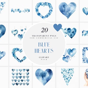 Clipart cuori blu acquerello, clipart cuore blu, clipart a forma di cuore, San Valentino, amore, romanticismo, grafica PNG trasparente, uso commerciale