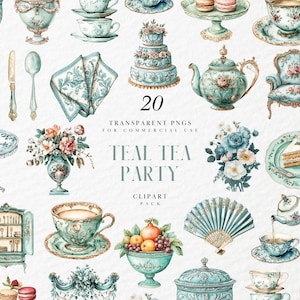 May include: A collection of watercolour illustrations of teal tea party items. The image includes teacups, teapots, cakes, and floral arrangements. Text reads "20 TRANSPARENT PNGS FOR COMMERCIAL USE TEAL TEA PARTY CLIPART PACK."