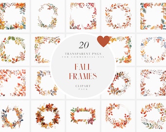 Watercolor Fall Frame Clipart, Fall Season Leaves Frames, Rounded, Square, Rectangular, Photo Frame Clipart, Transparent PNG, Commercial Use