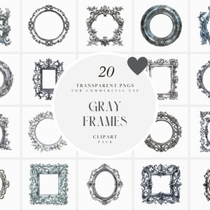 May include: Set of 20 gray ornate frames in various shapes and sizes.  The frames are perfect for adding a touch of elegance to your designs.