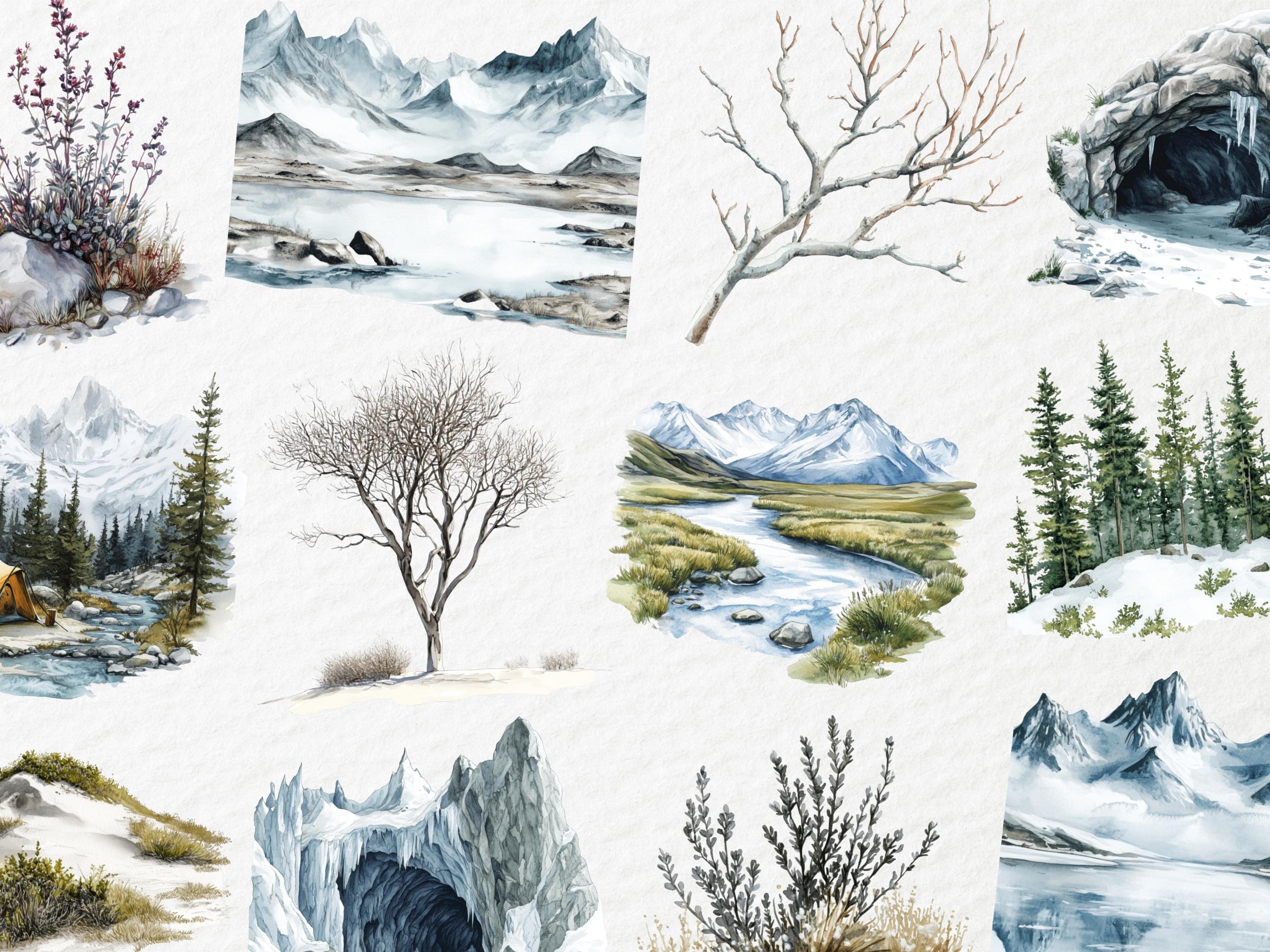 Watercolor Tundra Biome Clipart, Arctic Landscape, Snowy Plains 