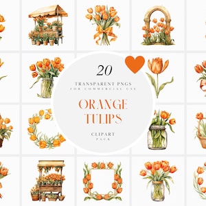Aquarel oranje tulpen clipart, oranje tulp bloem clipart, oranje bloemen boeket clipart, tulpenboeket, png-formaat voor commercieel gebruik