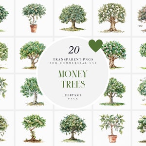 Clipart dell'albero dei soldi dell'acquerello, Clipart degli alberi dei soldi verdi, Moneta in contanti, Clipart dell'albero dell'abbondanza, Grafica PNG trasparente, Uso commerciale