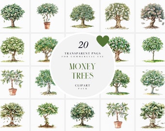 May include: A set of 20 watercolor illustrations of money trees. The trees are depicted with green leaves and dollar bills. The illustrations are perfect for adding a touch of whimsy and prosperity to your designs.