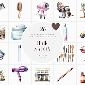 Watercolor Hair Salon Clipart, Hair Salon Elements Clipart, Hairdressers, Hairdresser Clipart, Transparent PNG Graphics, Commercial Use
