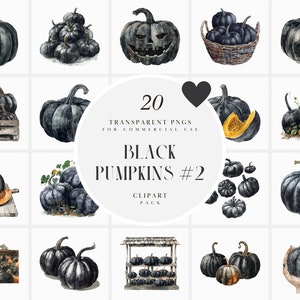 May include: A set of 20 black watercolor pumpkin clipart images. The pumpkins are in various poses and sizes, some with carved faces. The text "20 Transparent PNGs for Commercial Use" and "Black Pumpkins #2 Clipart Pack" is included in the image.