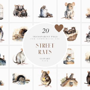 May include: A set of 20 watercolor illustrations of rats in various poses and settings. The illustrations are in a cartoon style and feature a variety of colors, including brown, gray, and white. The illustrations are perfect for use in digital scrapbooking, card making, and other creative projects.
