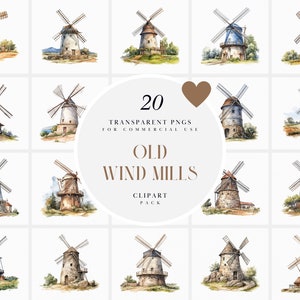 Aquarelle vieux moulin à vent des cliparts, éoliennes des cliparts moulins à vent, clipart vintage campagne moulin à vent, PNG Transparent, usage Commercial